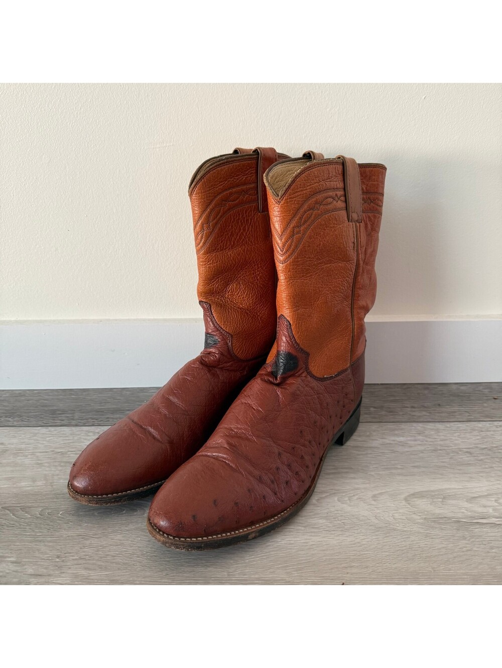 Justin Short Shaft Orange Ostrich Leather Western Round Toe Cowboy Boots